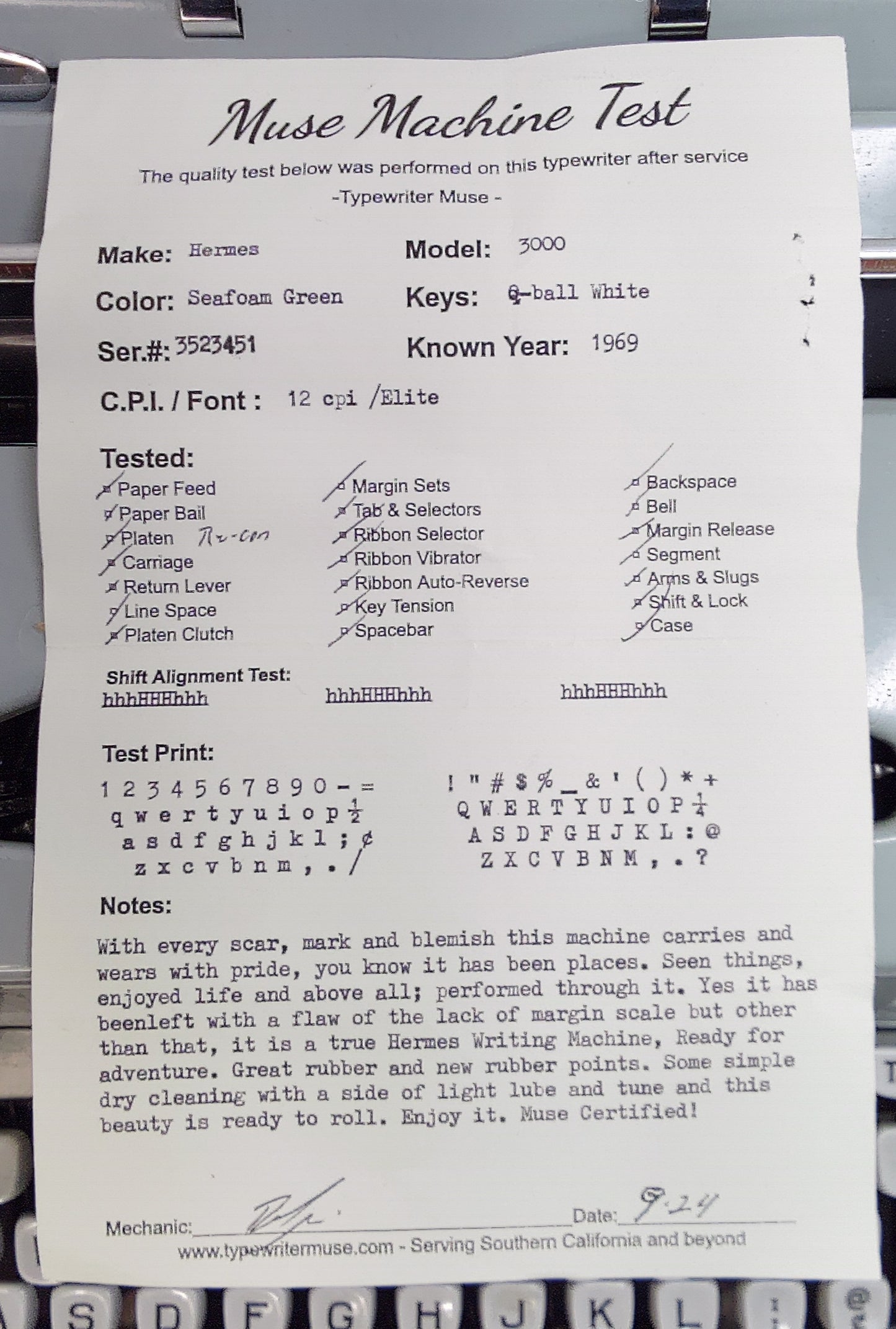 Typewriter - Hermes 3000 Mark 2 1969