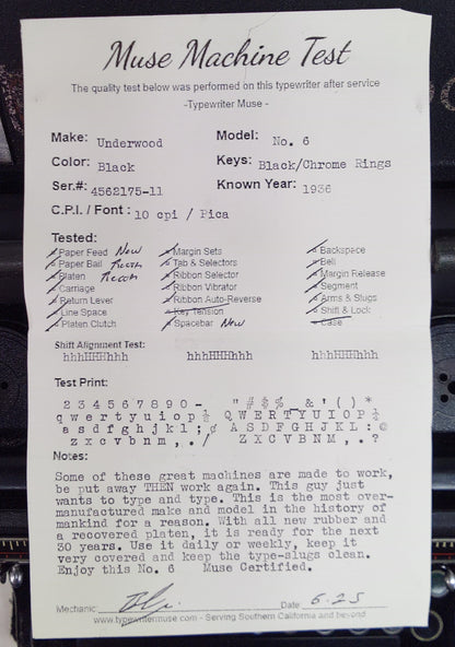Underwood No. 6 Vintage Typewriter , 1936