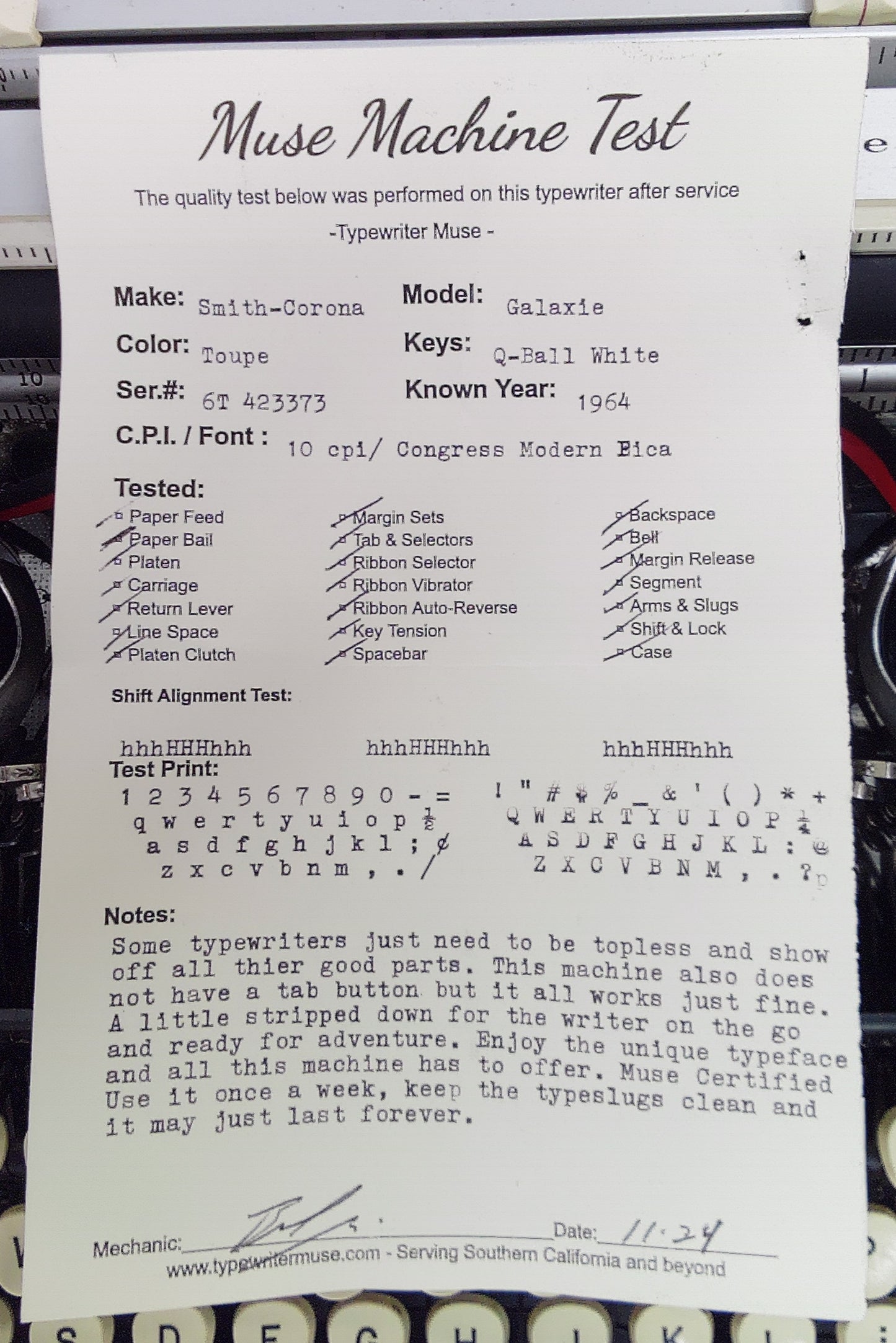 Smith-Corona Galaxie 1964 Topless Typewriter